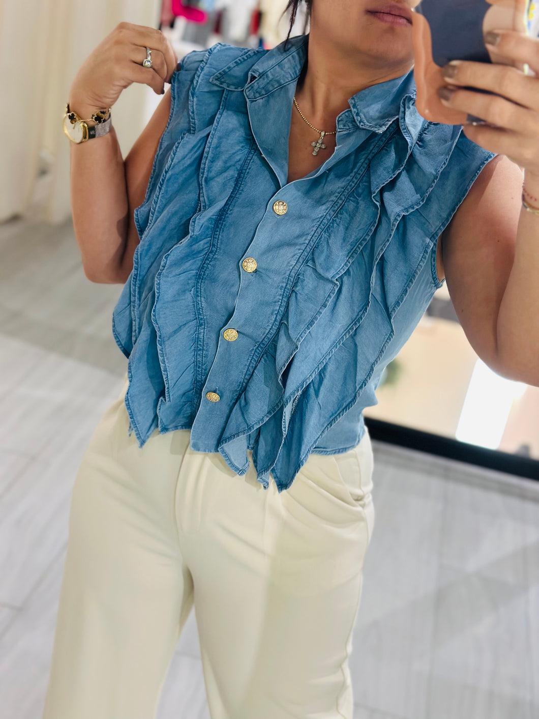 Top ruffle button down